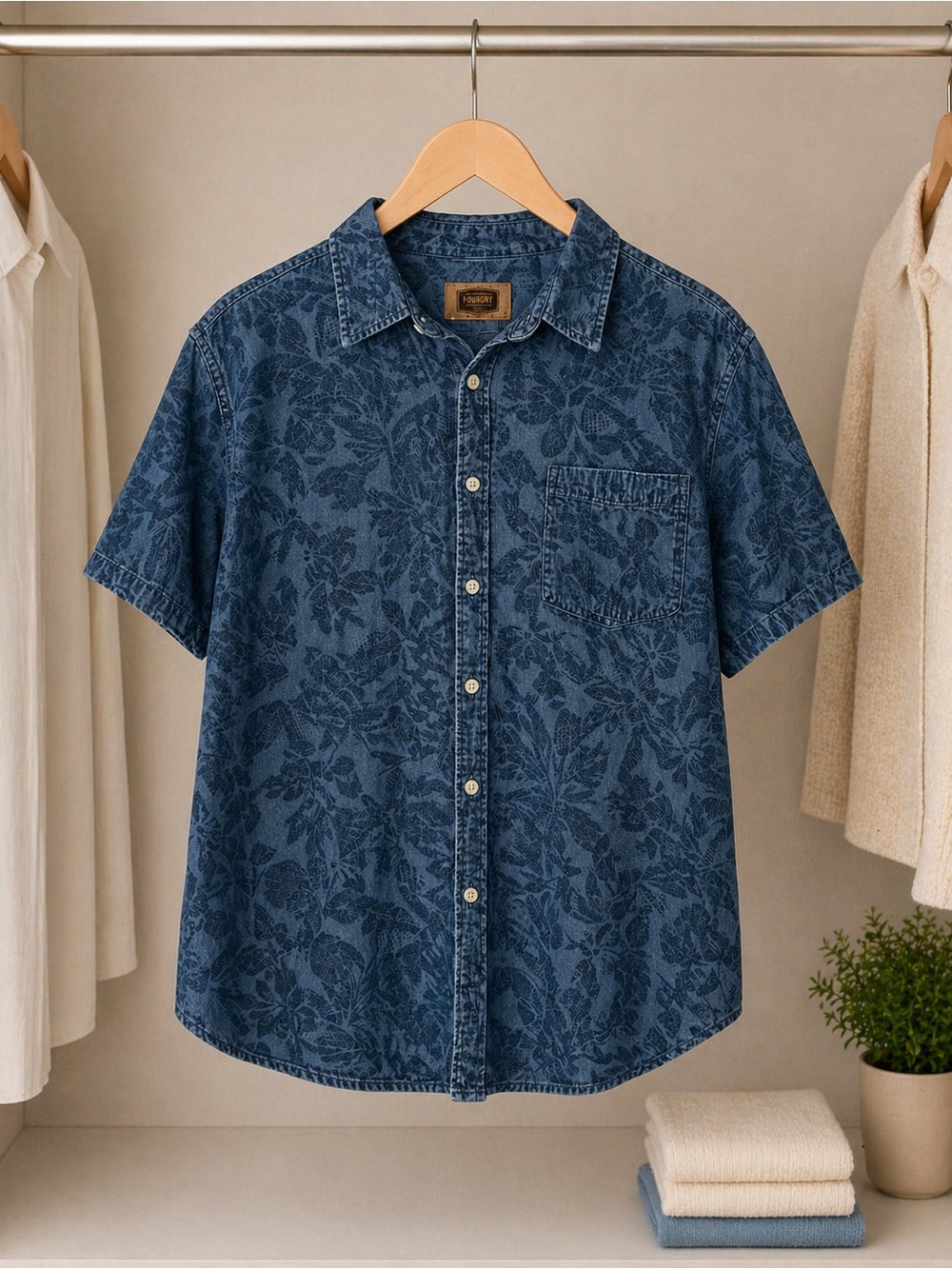 Foundry Supply Co Blue Floral Button-Up Shirt Men’s 2XL Cotton Short Sleeve